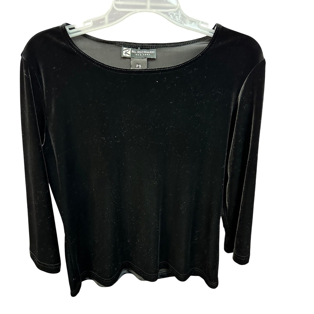 RL RICHARD NEW YORK Black Velvet Sheer‎ Trim Long Sleeve Top PS